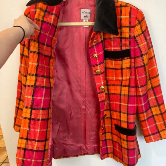 Vintage Mondi Womens M Pink Orange Plaid 100% Wool Power Blazer Preppy Retro - Picture 4 of 14